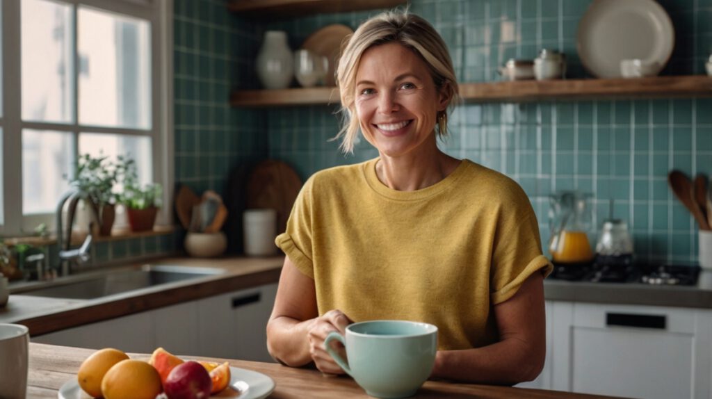 Frau in Küche vor großer Kaffeetasse