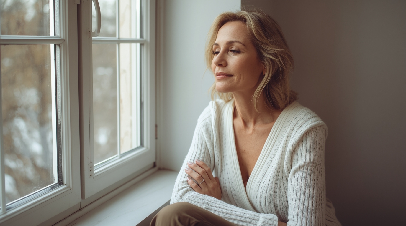 Frau schaut aus dem Fenster